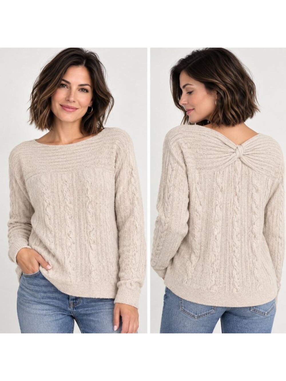 Barefoot Dreams CozyChic Lite Knot Back Rib Cable Pullover Sm